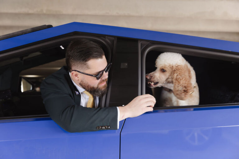 Bart Denham in a suit and sunglasses looks at a curly-haired dog leaning out of the window of a blue car.