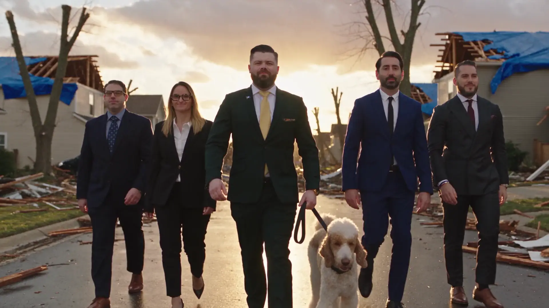Bart Denham walking Skrt, the firm dog, with Chad Robinson, Meredith Truen, Michael Quintero and Asher Mellul down a street after a tornado