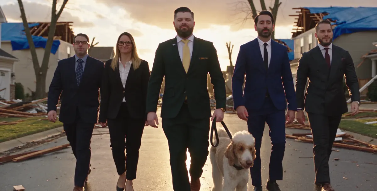 Bart Denham with Skrt, the firm dog, Chad Robinson, Meredith Truen, Michael Quintero and Asher Mellul