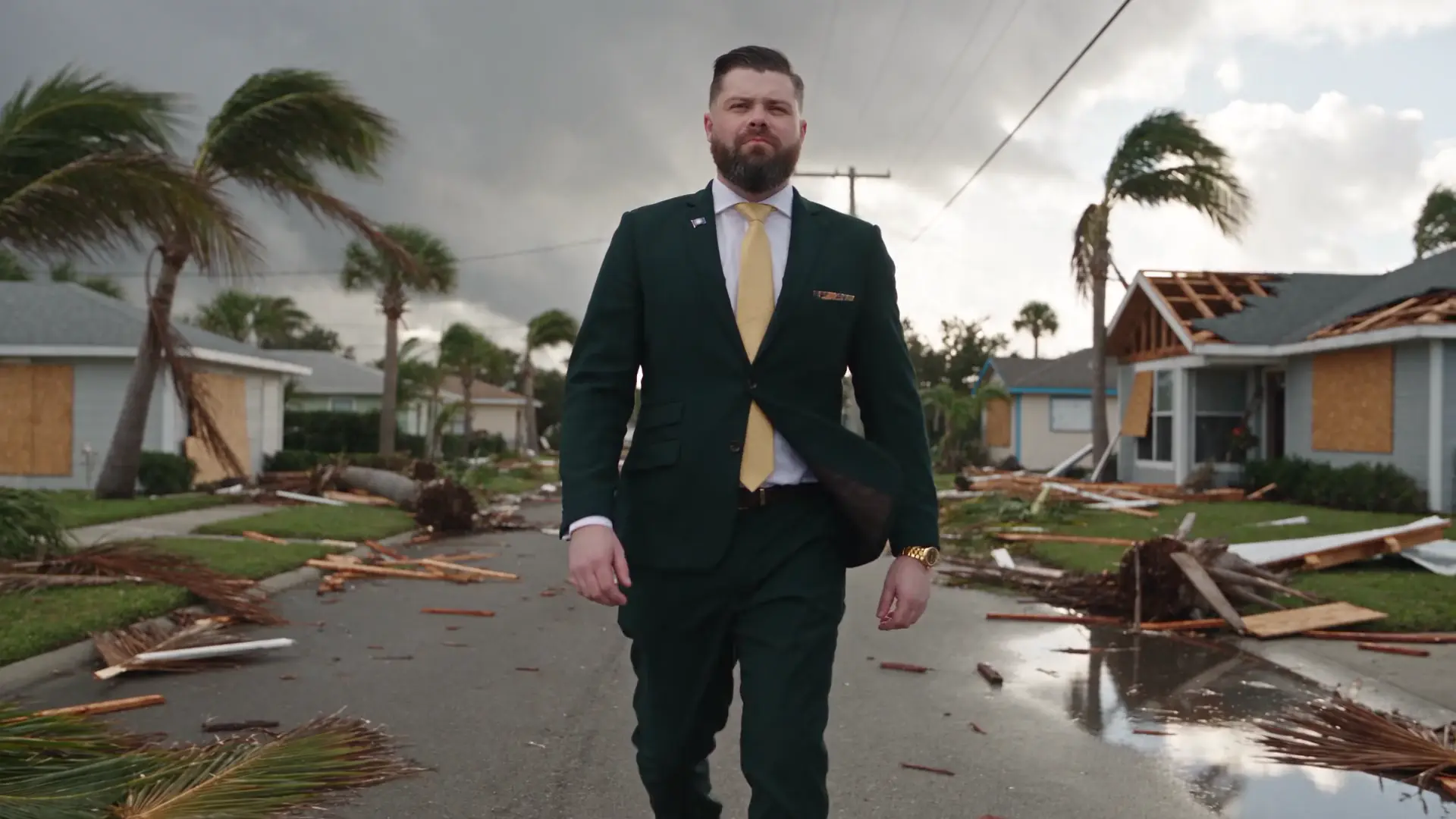 Bart Denham walking down a street after a hurricane